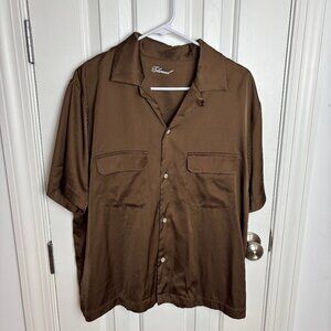 Elwood Short Sleeve Satin Button-Up Bowling Shirt in Tobacco Brown -‎ Size M